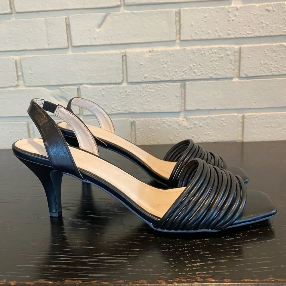 H Halston Hong Kong Sling Back Leather Heels Sandals Shoes BLACK 8.5 Square Toe